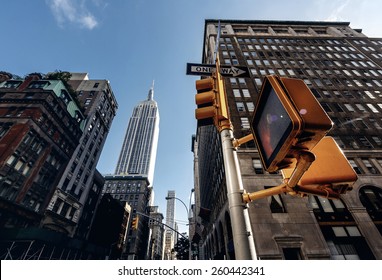 Below View From Street On Empire State Building In New York, USA