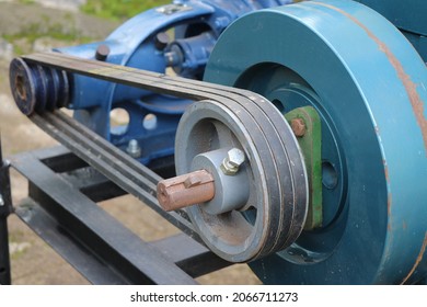Belt drive of Diesel engine water pump, Pulley and belt transmission view from the centrifugal water pump