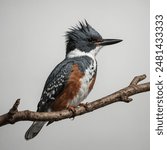 The Belted Kingfisher (Megaceryle alcyon) is a medium-sized, stocky bird known for its loud, rattling call and distinctive appearance. It has a shaggy crest, slate-blue plumage with a white collar, an