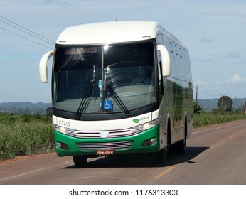 Belterra/Para/Brazil - March 11, 2016: Bus Of The Company Verde That Does The Transport Of Passengers Between The Cities Of Santarem / PA And Cuiaba / MT, Traveling By Highway BR-163