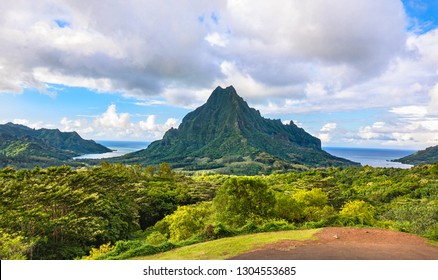 Belvedere Lookout - View Of Mount Rotui With Cooks Bay And Opunohu Bay, Moorea, Tahiti French Polynesia, Society Islands