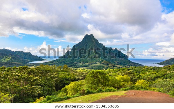 Belvedere lookout - view of Mount Rotui with\
Cooks bay and Opunohu bay, Moorea, Tahiti French Polynesia, Society\
Islands