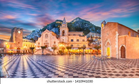 Belvedere of Taormina and San Giuseppe church on the square Piazza IX Aprile in Taormina. Sicily, Italy