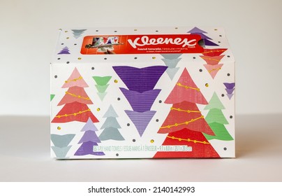 BEMIDJI, MN - 17 NOV 2020: Box Of Kleenex Hand Towels With Christmas Trees.