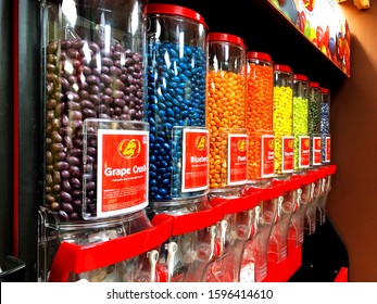 BEMIDJI, MN - 22 DEC 2019: A Candy Store Dispenser With Several Assorted Flavors Of Delicious Colorful Candy. Jelly Belly Candy Company Manufactures Jelly Beans And Other Candy.