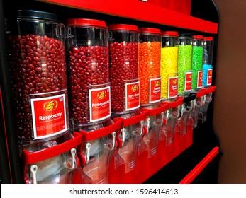 BEMIDJI, MN - 22 DEC 2019: A Candy Store Dispenser With Several Assorted Flavors Of Delicious Colorful Candy. Jelly Belly Candy Company Manufactures Jelly Beans And Other Candy.