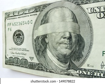 Ben Franklin Blindfolded On One Hundred Dollar Bill Illustrates Mixed Economic Direction Or Uncertainty, Business Troubles, Profits, Income Tax Issues, Budget Shortfalls, Salaries And Revenueincome