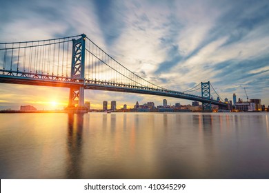 Ben Franklin Bridge In Philadelphia At Sunset.