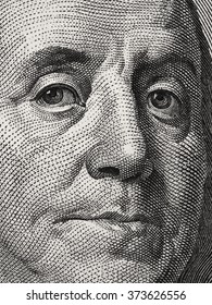 Ben Franklin Face On Us 100 Dollar Bill Close Up Macro, United States Money Closeup