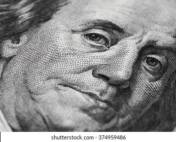 Ben Franklin Face On Us 100 Dollar Bill Extreme Macro, United States Money Closeup