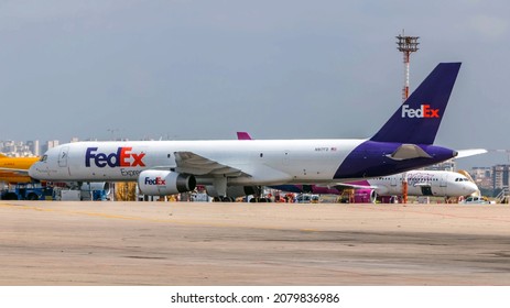 Ben Gurion Airport, Israel - August 14, 2018: FedEx (Federal Express) Boeing 757-28A(SF) cargo plane parked on the tarmac at Ben Gurion Airport