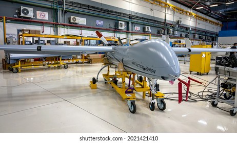 Ben Gurion Airport, Israel - May 04, 2021: IAI Tactical Heron UAV In The Production Line At Ben Gurion Airport