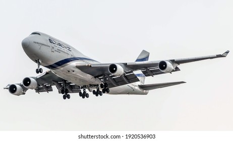 Ben Gurion Airport - March 30, 2017: An El Al Boeing 747-400 jumbo jet lands on a winter morning at Ben Gurion Airport after a flight from New York