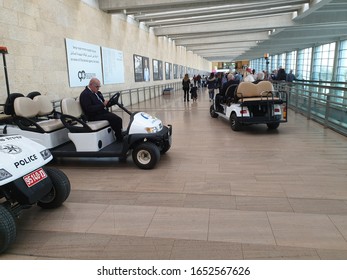 BEN GURION AIRPORT, TEL AVIV, ISRAEL. February 14, 2020. Airport Buggy Cars For Handicapped And Elderly Passenger, Public Service.