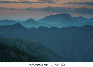 Ben Nevis Mountain At Sunset. Located In The Highlands Of Scotland.