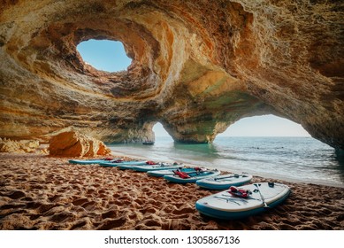 Benagil Cave, Algerve, Portugal. beach and boards for SUP