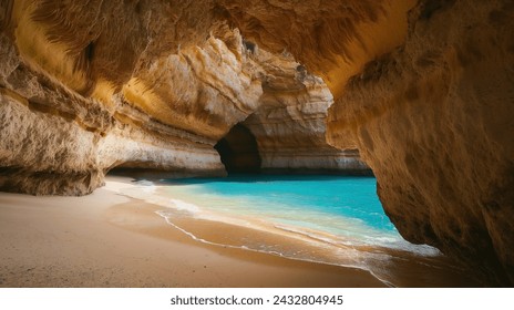 Benagil Sea Cave in Algarve, A breathtaking view inside the Benagil Sea Cave with sunlight illuminating the sandy beach and turquoise waters, in Algarve, Portugal - Powered by Shutterstock