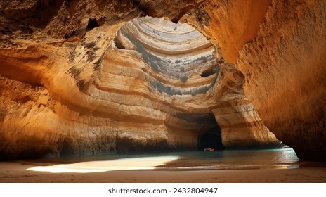 Benagil Sea Cave in Algarve, A breathtaking view inside the Benagil Sea Cave with sunlight illuminating the sandy beach and turquoise waters, in Algarve, Portugal - Powered by Shutterstock