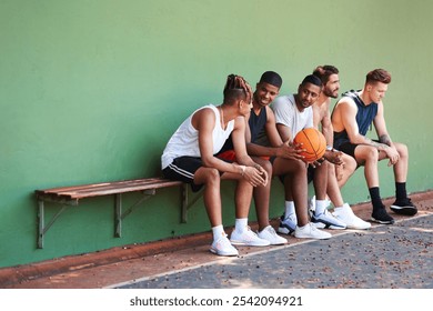 Bench, basketball team or people relax on court for break, fitness exercise and wellness in sports match. Friends talking, athlete or group of healthy players resting for performance, workout or game - Powered by Shutterstock