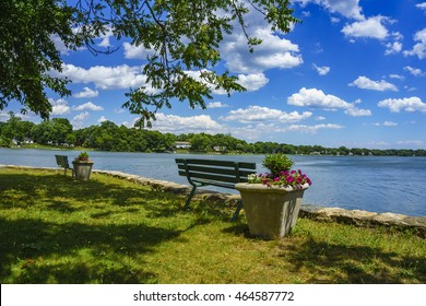 Bench With A Beautiful View At Stamford, A City In Fairfield County, Connecticut, United States Of America.