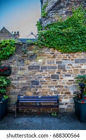 Bench with brick wall and foliage