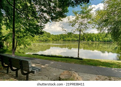 Bench With Lake View Blue Skies