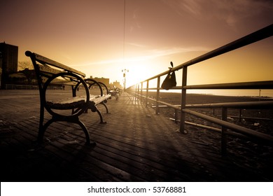 Bench On Coney Island Boardwalk