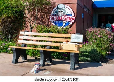 A Bench Replica From The Forrest Gump Movie At The Themed Bubba Gump Shrimp Company Restaurant. - Monterey, California, USA - 2021