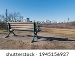 A Bench at Riverdale park to see Toronto City Skyline in the morning Ontario Canada