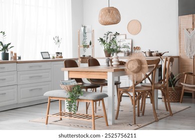 Bench, table and chairs in interior of stylish dining room