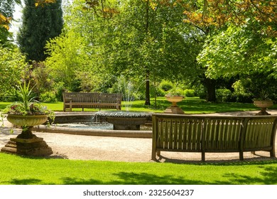 Bench in a vibrant garden next to a fountain and pond. - Powered by Shutterstock