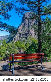 Bench with a viewpoint over Caldera de Taburiente national park at La Palma, Canary islands, Spain.