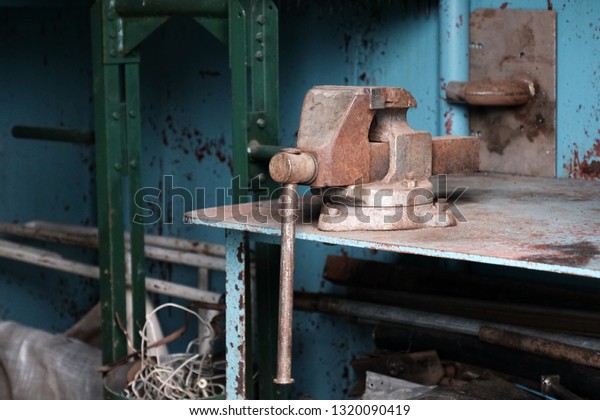 Bench Vise Tool On Metal Workbench Stock Photo Edit Now 1320090419