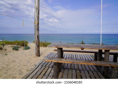 Bench Wooden Pic Nic Table Sandy Beach View In Summer Day On Cap Ferret Coast France