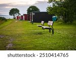 Benches in front of the Oresund bridge in Malmo, Sweden