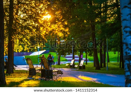 The benches in the urban green park are illuminated by the bright yellow orange sunset sun through the branches of the trees, people walk along the paths. Victory Park Ufa, Bashkortostan, Russia.