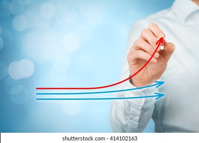 Benchmarking and market leader concept. Manager (businessman, coach, leadership) draw graph with three lines, one of them represent the best company in competition.