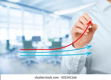 Benchmarking and market leader concept. Manager (businessman, coach, leadership) draw graph with three lines, one of them represent the best company in competition.