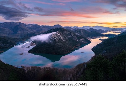 The bend of the river in the mountains at dawn. Mountain river in early morning at dawn. Beautiful sunrise over canyon river. River canyon in mountains at dawn - Shutterstock ID 2285659443