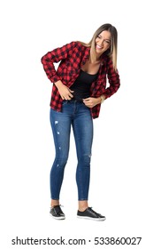 Bend Young Pretty Woman In Casual Clothes Laughing Loudly. Full Body Length Standing Portrait Isolated Over White Background. 