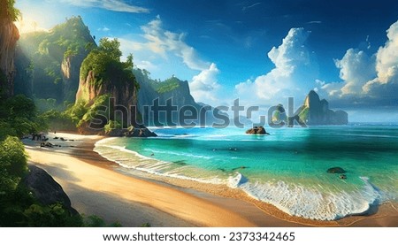 Beneath the cerulean sky, a secluded beach stretched out in pristine serenity, its powdery sands kissed by gentle waves, framed by towering cliffs covered in lush, emerald foliage.