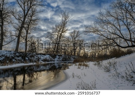 Beneath a cloudy sky, a tranquil river mirrors the fading light surrounded by snow-covered trees and quiet surroundings.