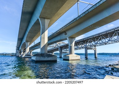 Beneath the Interstate 90 bridges in Seattle, Washington.