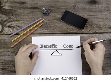 Benefit Cost Balance. Text On A Sheet Of Paper. 