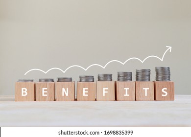 Benefits and coins arranged in bar graphs with growing arrow symbol on top. 