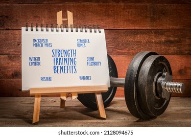 benefits of strength training infographics - easel sign with notebook and heavy dumbbell