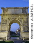 Benevento, Campania, Italy: the Roman Arco di Traiano, historic monument with sculptures, by night