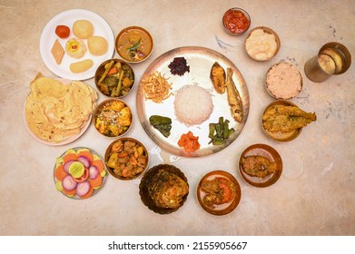 Bengali food thali in kolkata. bengali thali for puja and Pailaboishakh. Bengali Thali with Vegetables , Chicken , Prawn, Ilish and Sweets - Shutterstock ID 2155905667