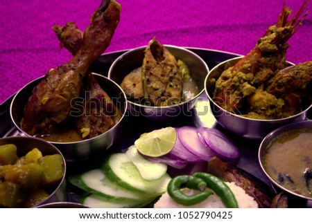 Bengali Thali with Vagetables , Chicken , Pron, Ilish and Sweets