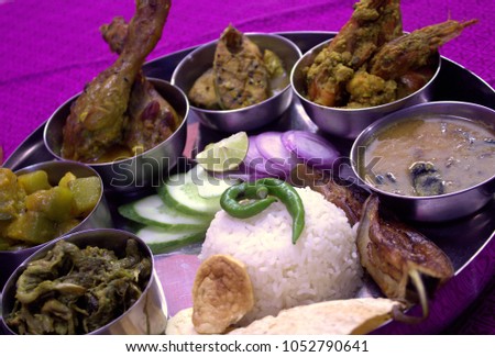 Bengali Thali with Vegetables , Chicken , Pron, Ilish and Sweets